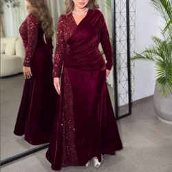 Customized Ankle-Length V-neck Velvet Prom Gowns A-line Beading Sequined Bespoke Occasion Dresses Pleat Evening Dresses