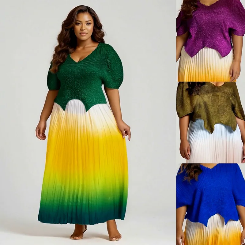 

Cross-Border Best-Selling Women's Folded Hem adient V-Ne Top And Skirt Set Pure Color Long Skirt Two-Piece Ensemble