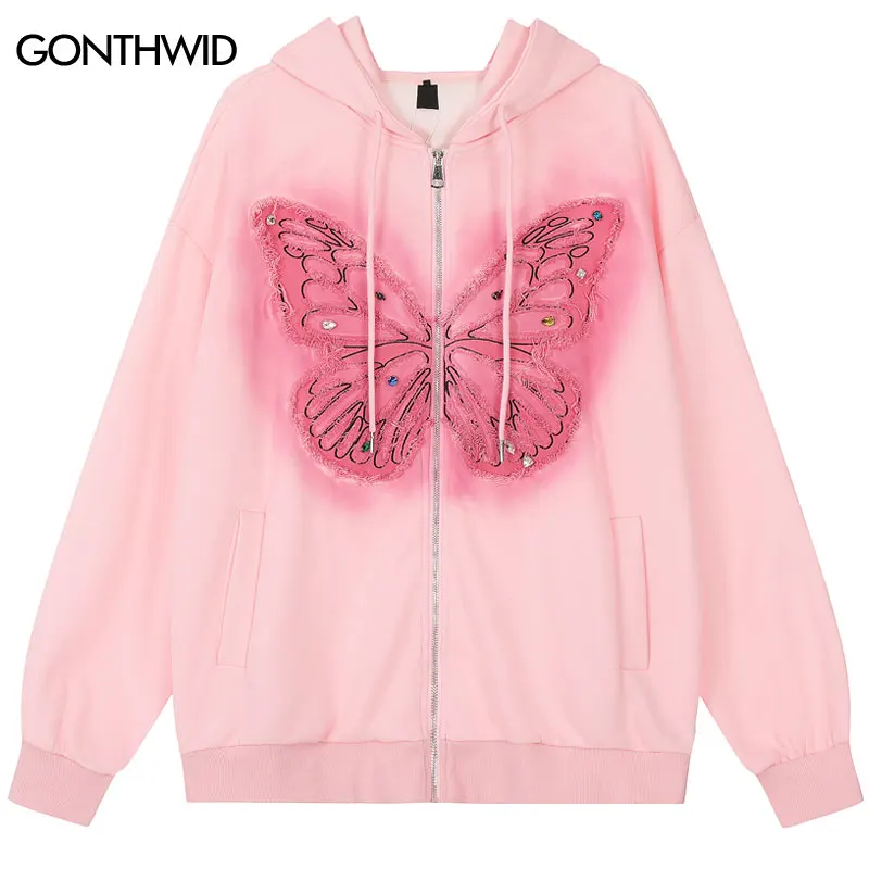 Men Hoodie Jacket Y2K Embroidered Butterfly Patch Full Zip Up Hooded Sweatshirt Streetwear Harajuku Vintage Hip Hop Baggy Coats