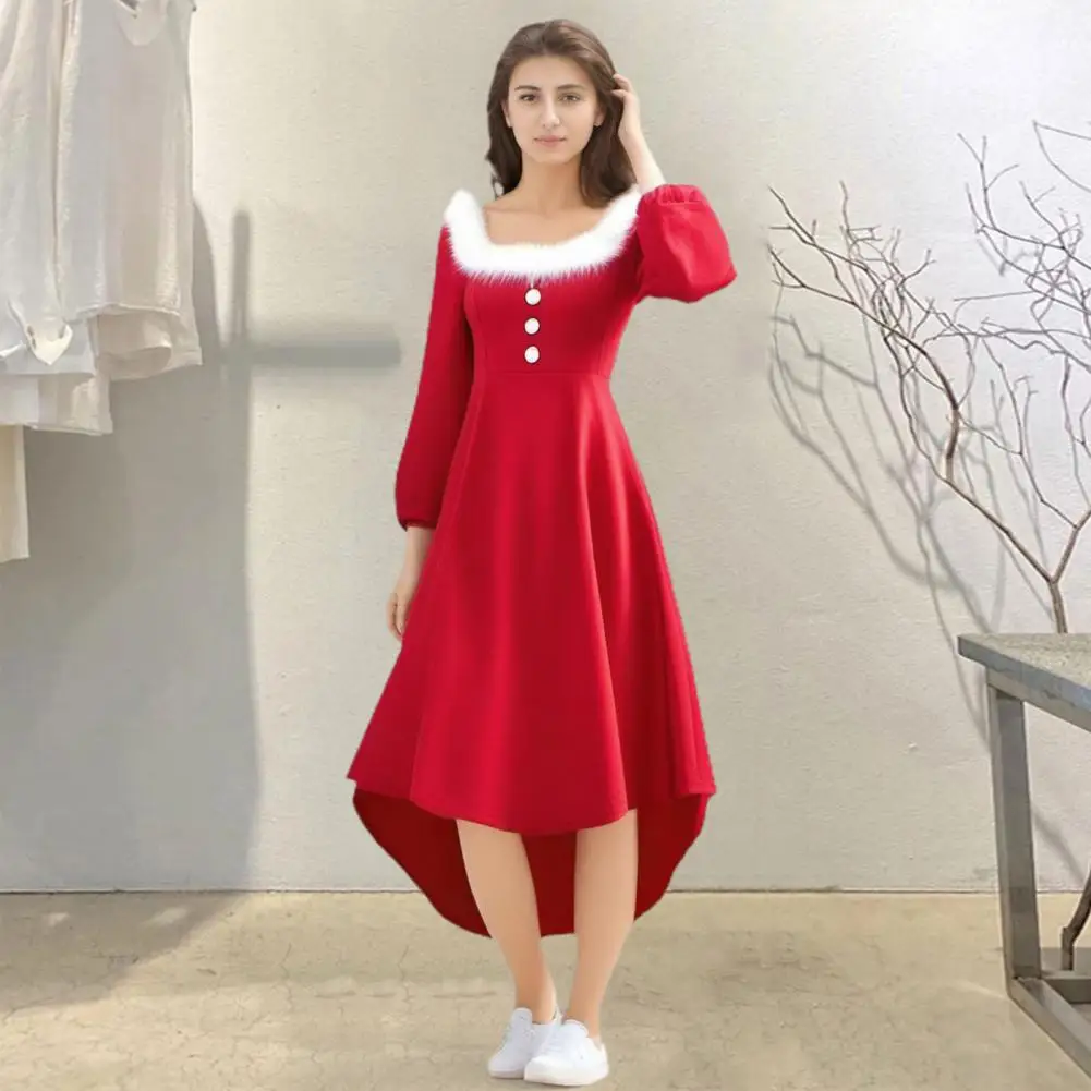 Christmas Performance Dress Fluffy Square Neck Pure Color A-line Irregular Hem Holiday Outfit Santa Cosplay Costume Maxi Dress