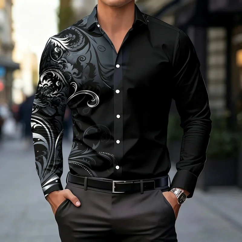 Men's shirt with contrasting printed shirt, slim fit long sleeved shirt, casual trendy men's clothing, comfortable fabric