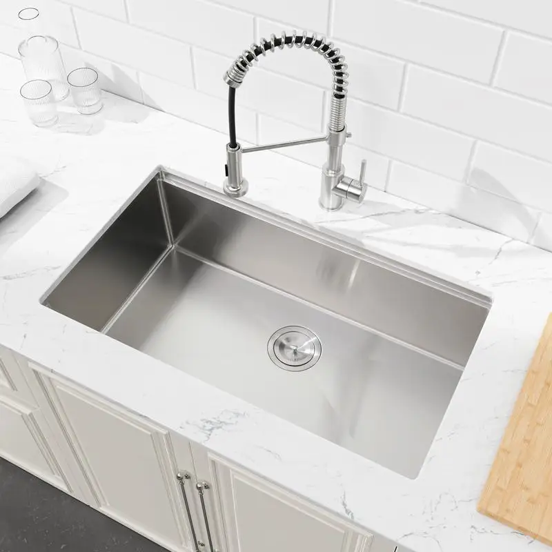 

30" x 19" Undermount Handmade Brushed Stainless Steel Kitchen Sink with Cutting Board and Colander, Single Bowl Design