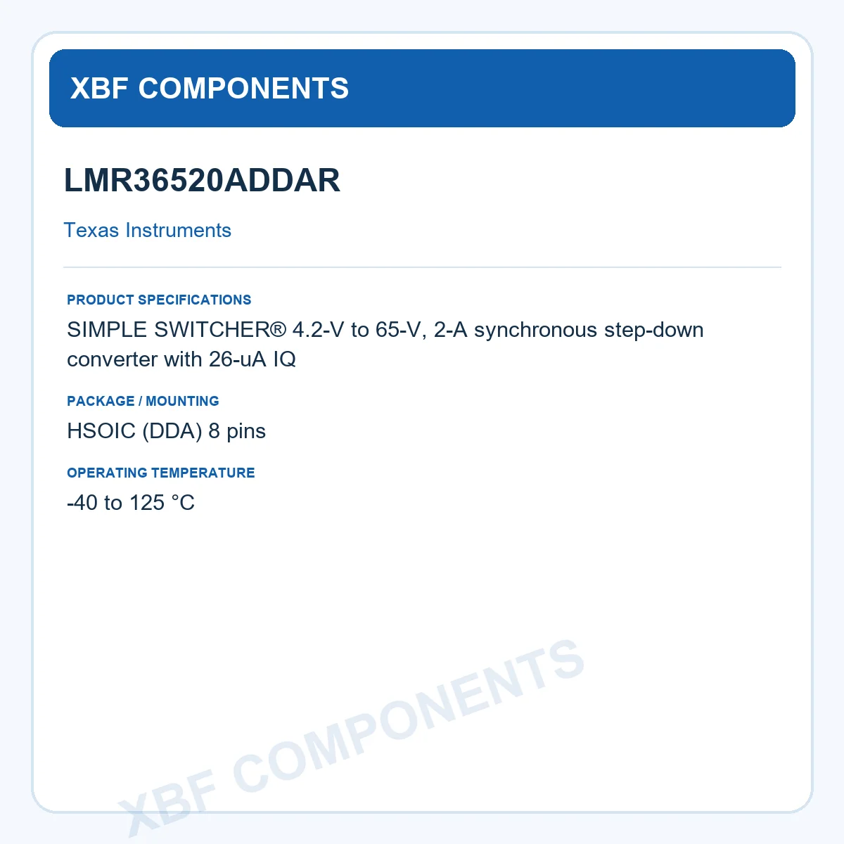 LMR36520ADDAR Texas Instruments Buck Converter 4.2-V 65-V 2-A HSOIC (DDA) 8 pins