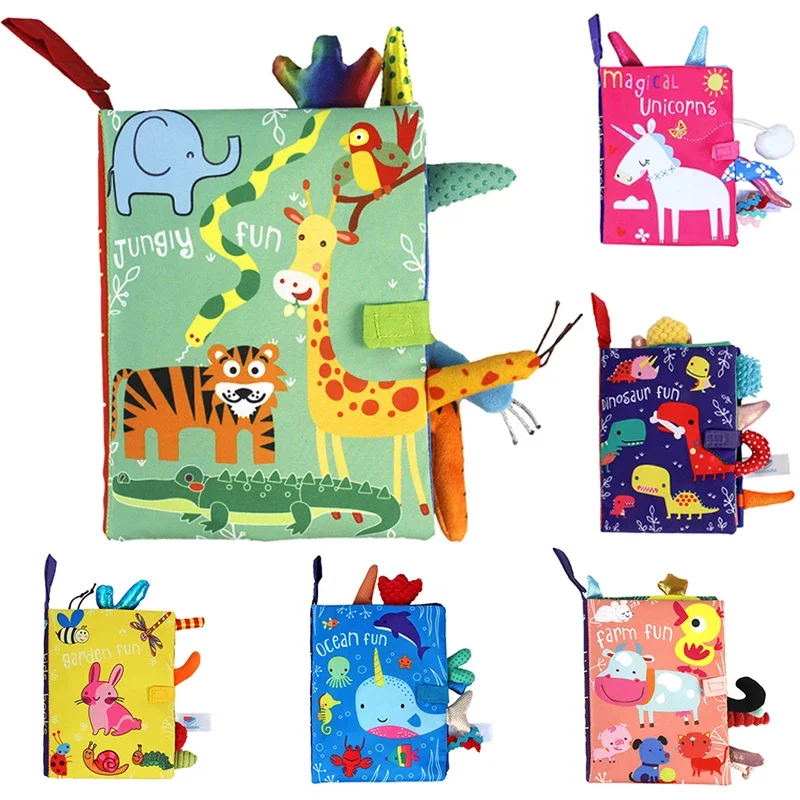 Baby Soft Cloth Book for Touch Sound 3D Animal Tail Activity Cloth Books Infant Crinkle Soft Books for Toddler