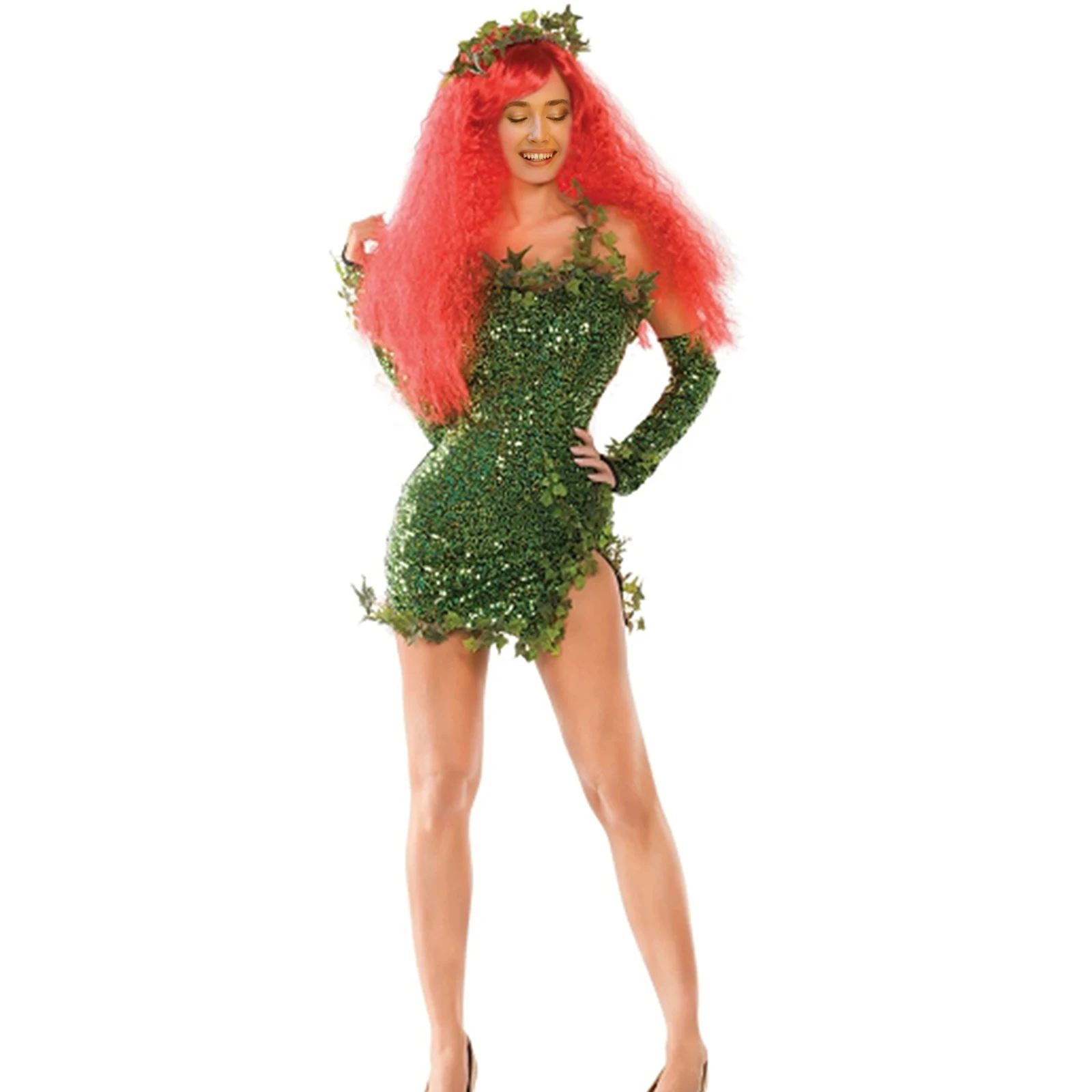 Women Halloween Green Ivy Costume for Women Sleeveless Fake Leaves Sparkl Sequin Green Mini Dress with Gloves Set