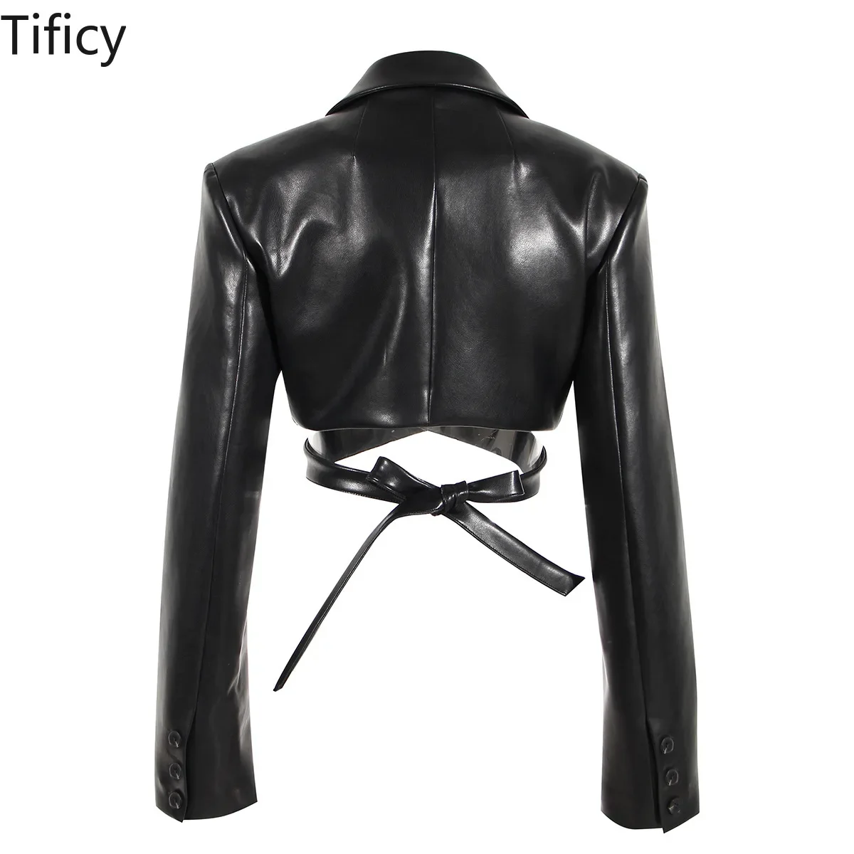 TIFICY-Veste courte en cuir PU pour femme, petit blazer, entièrement ouvert, bretelles croisées Aura, cintré à la taille, poitrine révélatrice, manches longues