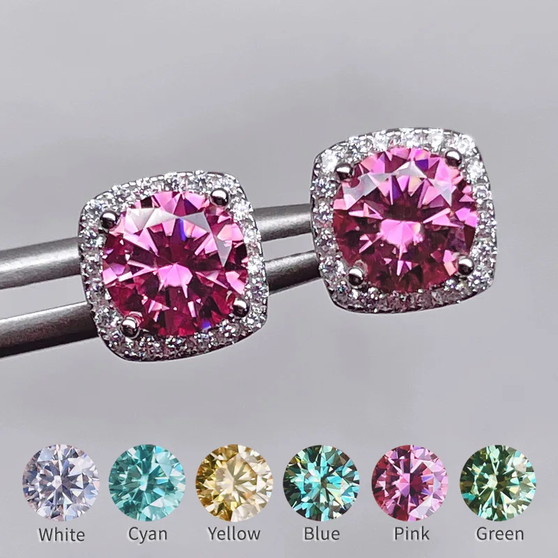 

Real 100% Moissanite Studs Earrings Pink Blue Green Red Gemstone Diamond Earrings 0.5CT-1CT S925 Sterling Silver For Women Girls