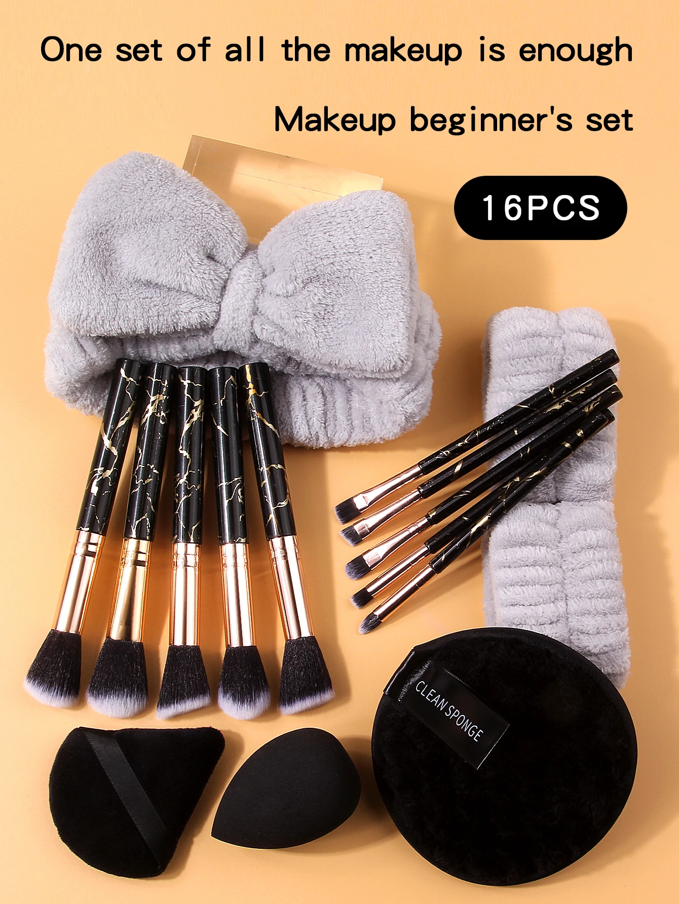 مجموعة فرش مكياج مكونة من 16 قطعة من الرخام الذهبي الأسود، إسفنجة مكياج، نفخة البودرة، رباط شعر، رباط معصم، أدوات تجميل