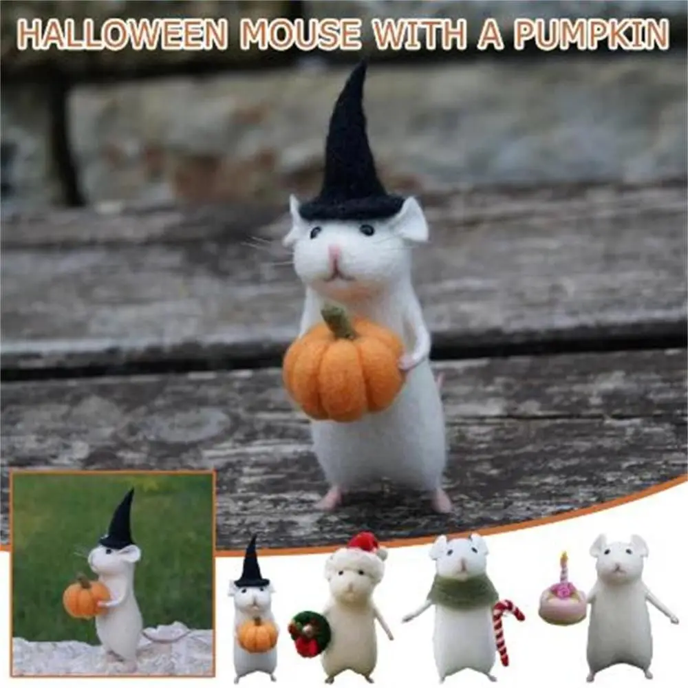 Mouse with Xmas Hat Halloween Mouse Handmade with A Pumpkin Wool Felt Figurine Figurine Gifts Cute Mouse