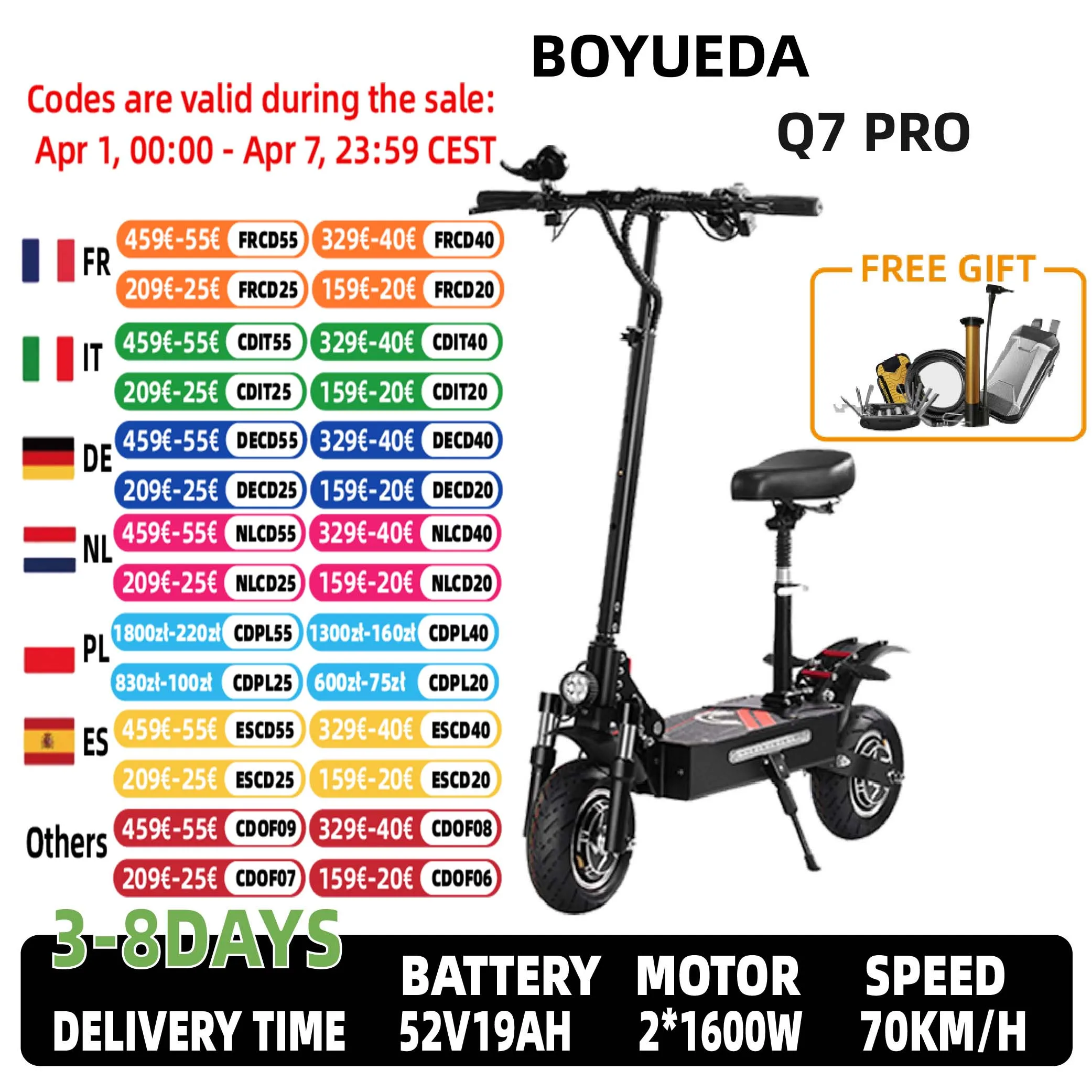 Trottinette électrique pliable BOYUEDA Q7PRO 3200W à double moteur 52V19AH, 10 pouces, haut de gamme, tout-terrain