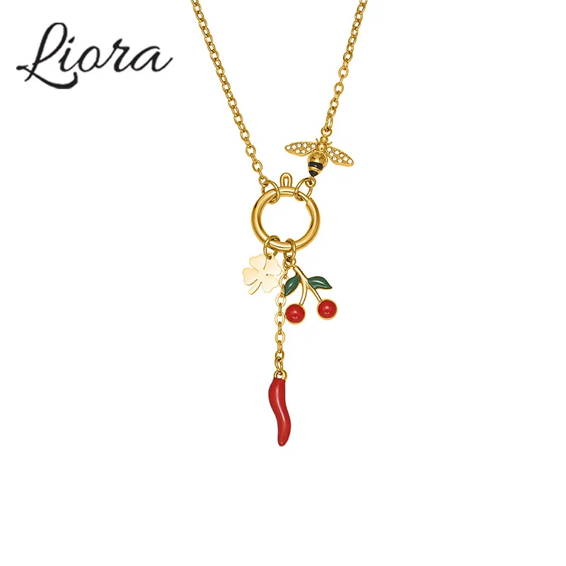 Liora Cubic Zirconia abeja esmalte cereza encanto mujeres collares cadena de acero inoxidable Collar cuello gargantilla banquete joyería de boda