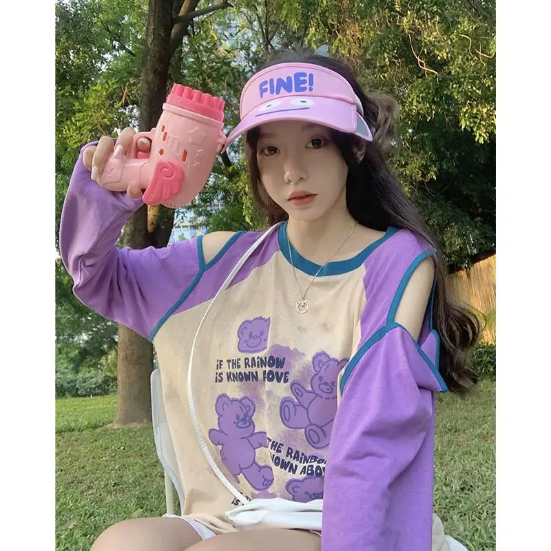 Cute Bear T Shirt Women Spring and Summer New Design Sense Sweet Long-sleeved Tops Students Loose Versatile Tees Female