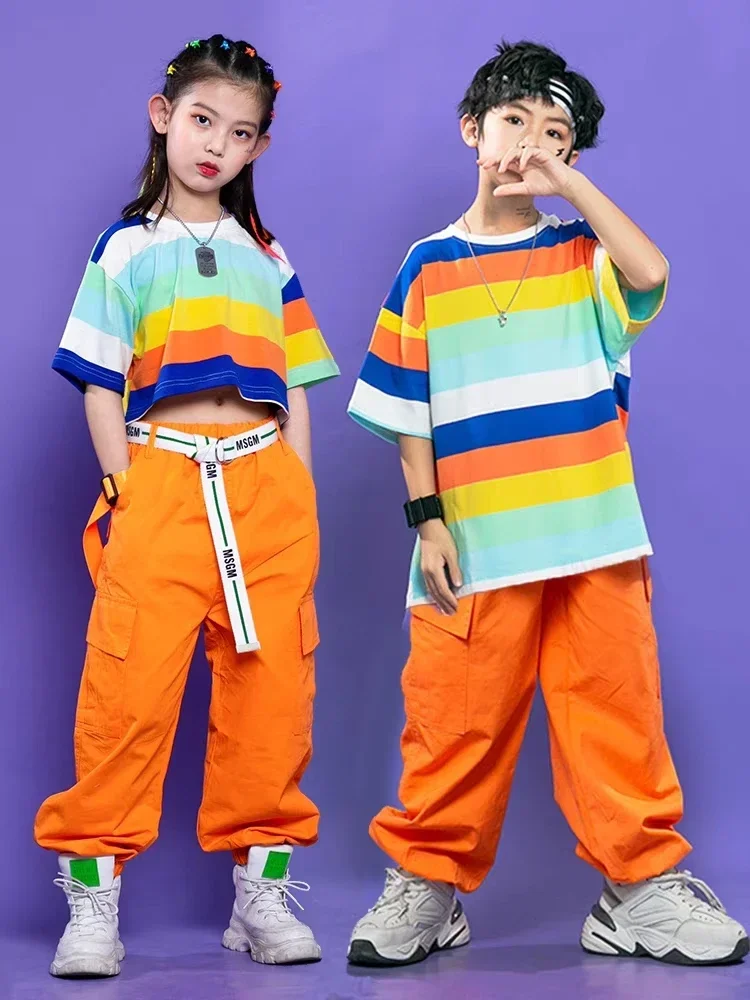 Haut court rayé pour filles, pantalon Cargo pour garçons, T-shirt Hip Hop arc-en-ciel, short de danse de rue ample, Streetwear pour enfants, Costumes de Jazz pour enfants