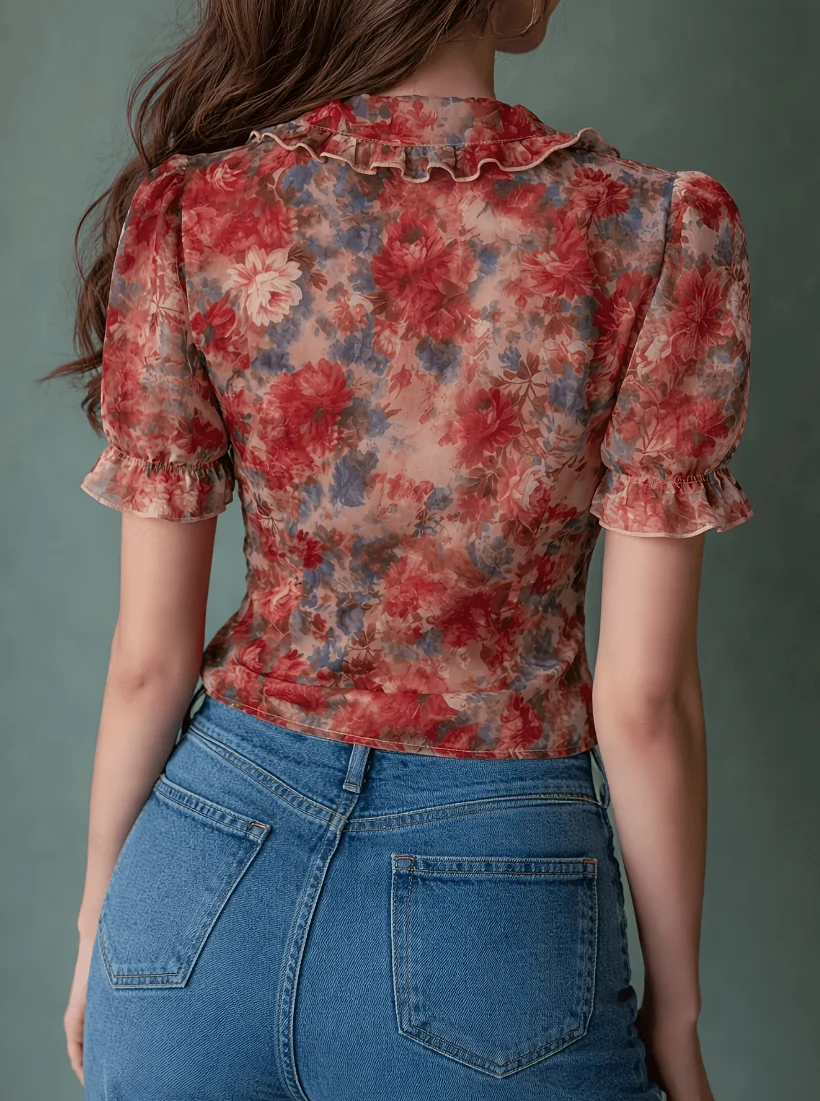 2026 Summer New Collection: Vintage Floral Ruffle V-Neck Puff Sleeve Short Shirt, French Style Gentle Commuter Floral Top, Plus Size Women's Daily Vacation Outfit