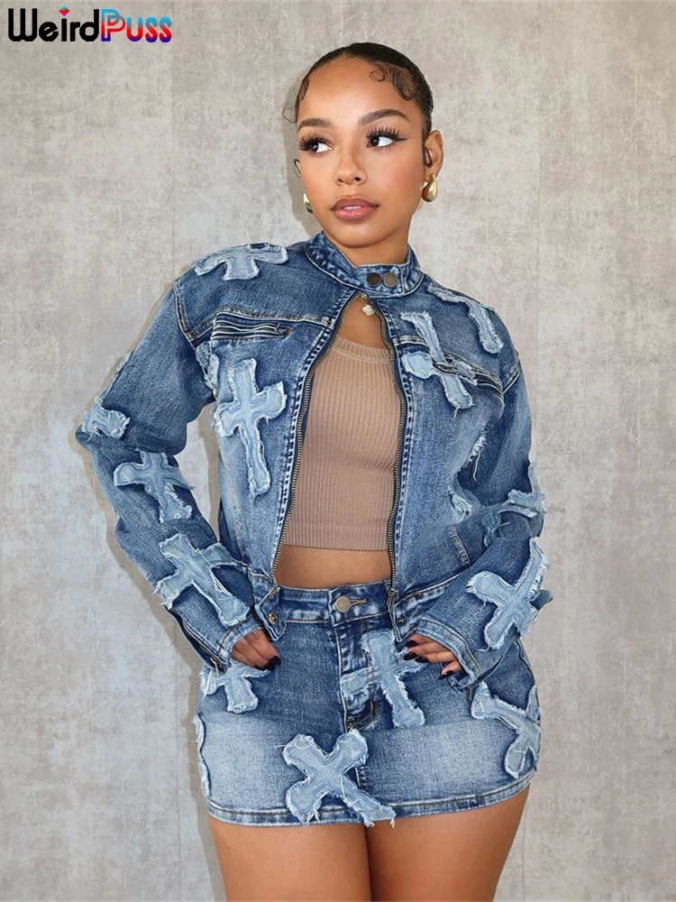 

Weird Puss Vintage Women 2piece Set Half High Collar Zip Jacket+High Waist Mini Skirt Hipster Streetwear Denim Embroidery Suits