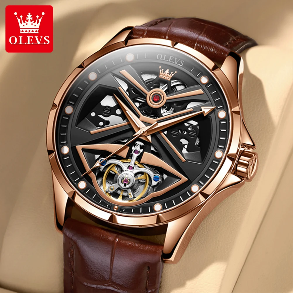 OLEVS impermeável automático mecânico oco esculpido relógios para homens, nova moda, pulseira de couro, esqueleto masculino relógio de pulso, 3atm, 6655