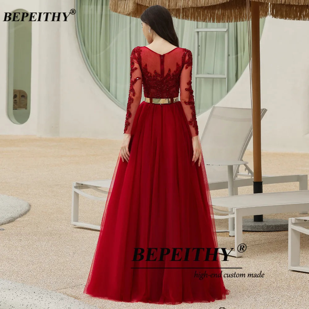 BEPEITHY Burgundy Chữ A Phối Ren Dạ HộI Dự TiệC Cưới Nữ Plus Kích Thước Tay Dài Dạ Hội Áo Chính Thức Sang Trọng Với Dây