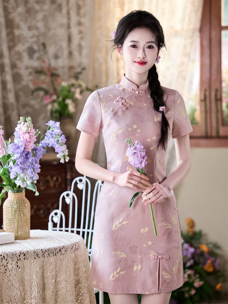 

2025 Summer New Cheongsam Skirt Front Fork Bamboo Printed Short Women's Qipao Young Pink Dress