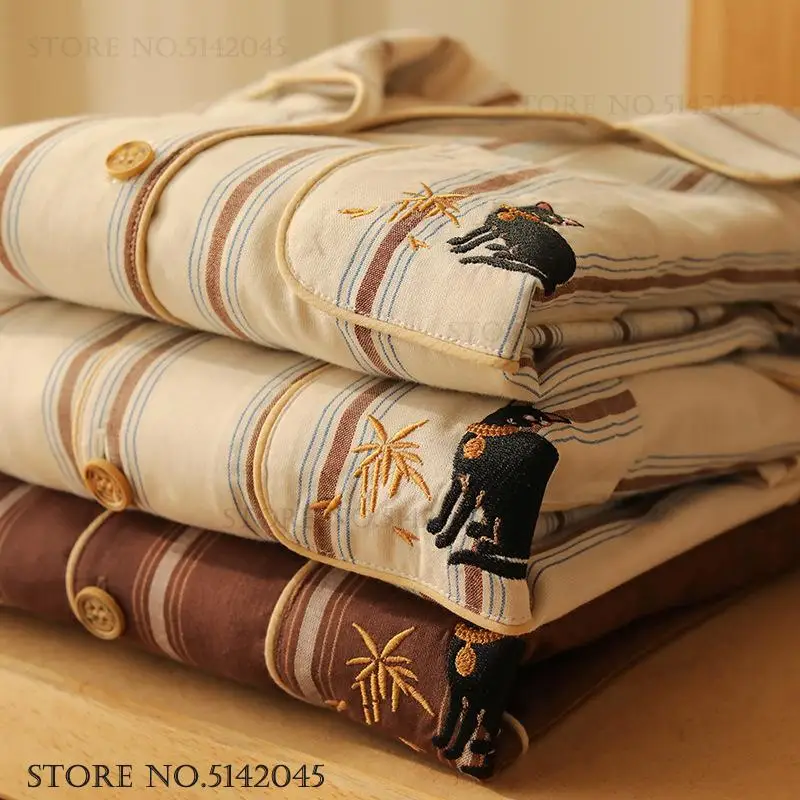 

Couple Cotton Sleepwear 2Pcs Pajamas Set Embroidery Cartoon Long Sleeve Trouser Suits Pijamas Autumn New Women Homewear Pyjama