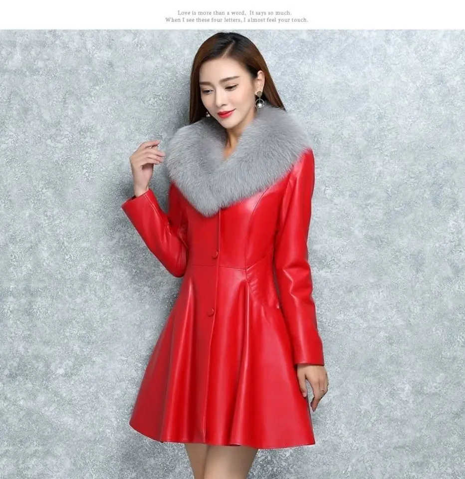Damska kurtka parka ze sztucznego futra na zimę 2025, skórzana, o średniej długości, dopasowana, modna kurtka damska ze skóry PU.