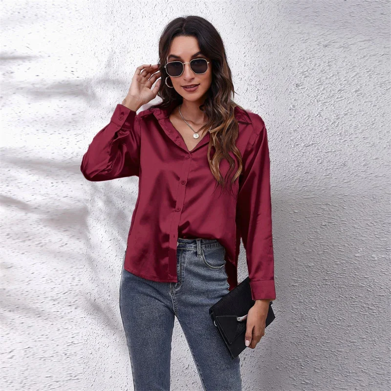 Spring Satin Shirt Women Loose Button Up Blouse Shirts Ladies Imitation Silk Long Sleeve Shirt for Women