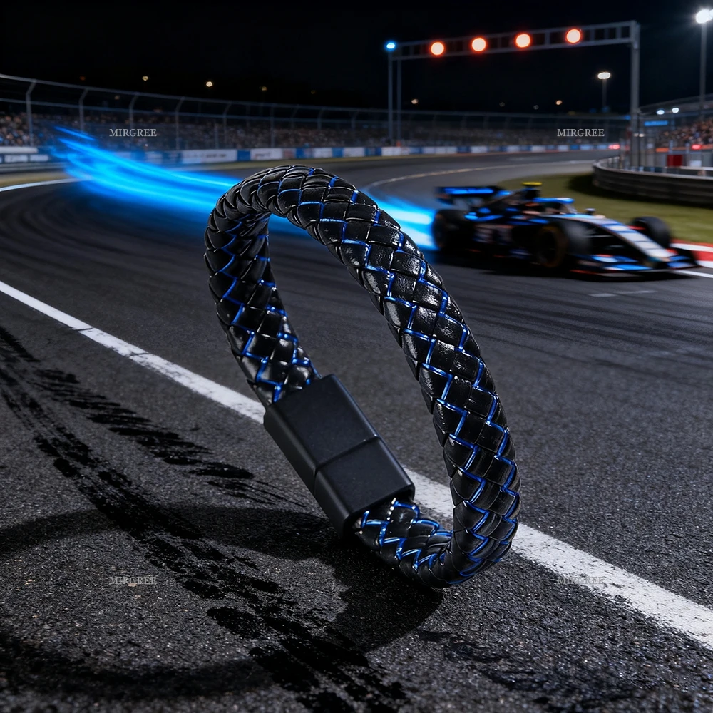 قطعة واحدة من سوار جلد البولي يوريثان المنسوج باللونين الأسود والأزرق للرجال، إكسسوار معصم كاجوال فريد، هدية ممتازة