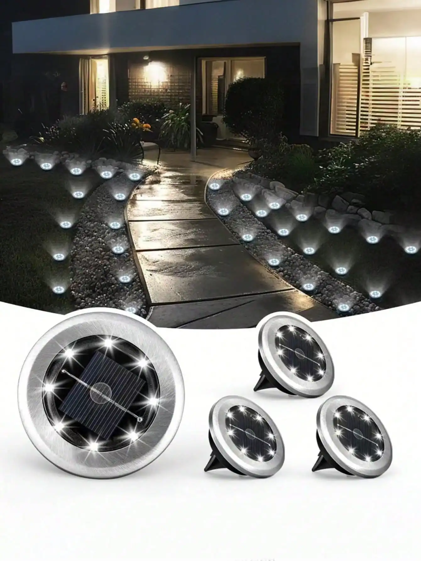 Luces solares de jardín de 4 piezas: focos cálidos/blancos, altura ajustable, fácil instalación, para patio/pasadas navideñas.