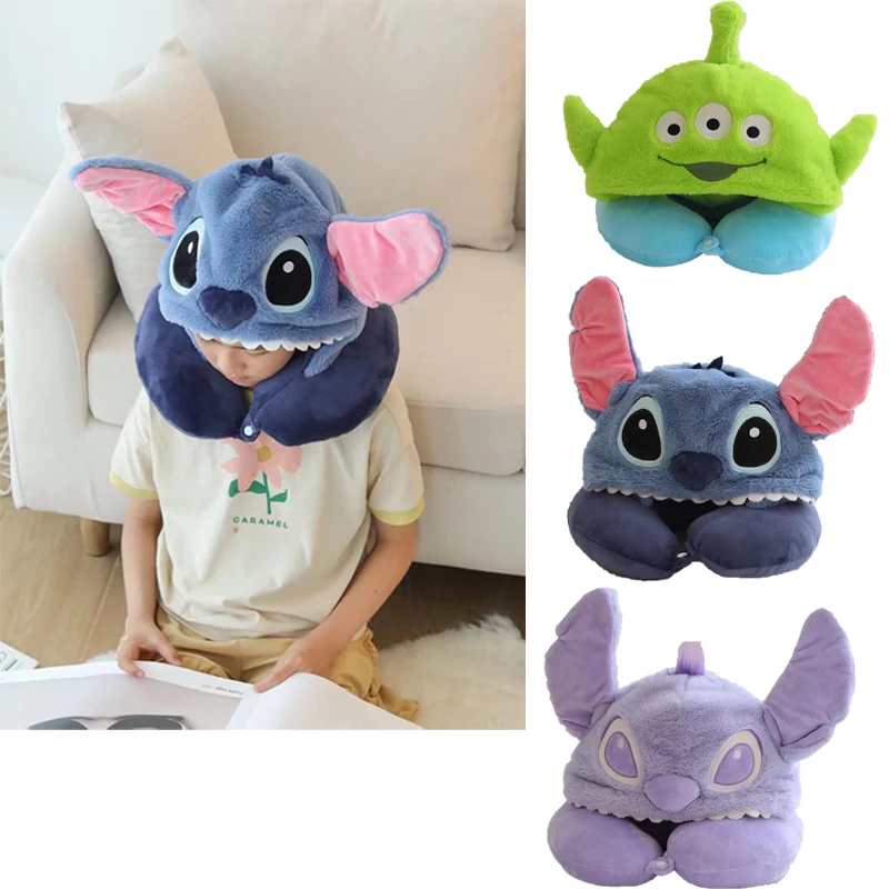 

Disney Lilo & Stitch Hooded U-shaped Pillow Neck Pillow Cartoon Soft Lunch Break Car Office Cushion Airplane Head Pillow Gifts