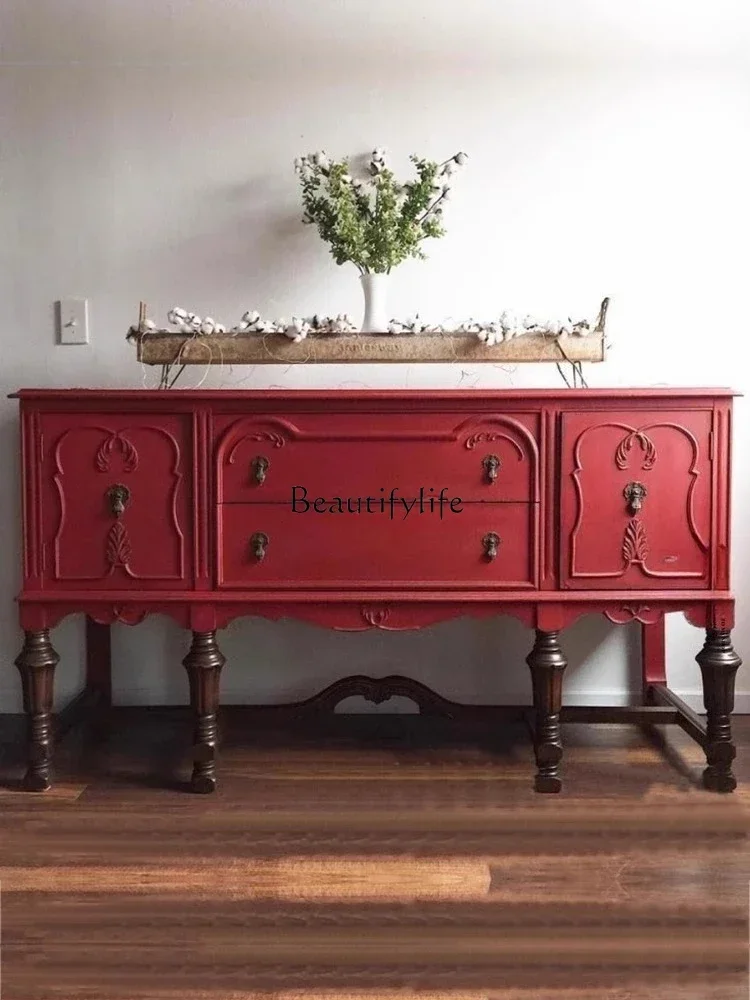 

3French neoclassical red solid wood porch cabinet entrance foyer cabinet American retro