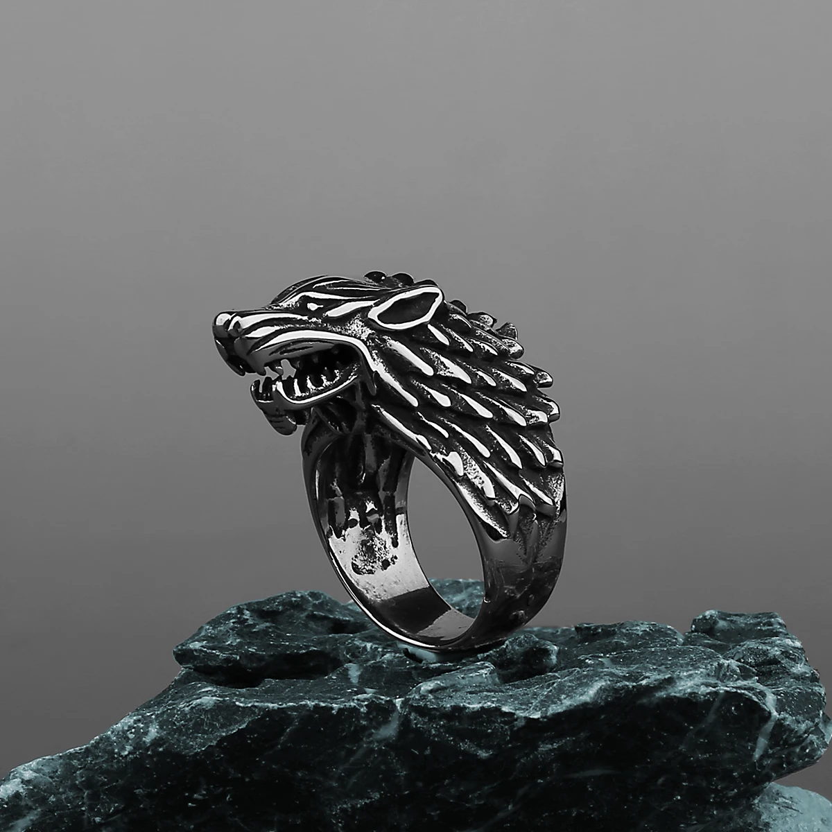 Viking Domineering Wolf Head Ring Men\'s Fashion Personality Creative Temperament Stainless Steel Ring Jewelry Gift Wholesale