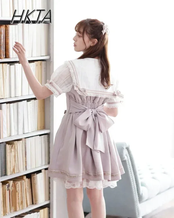 Japanese Sailor Collar Short Sleeve Dresses Lapel Strap Mine Series Mass- Produced Lolita Dress Sweet Cute Women Short Liz Dress