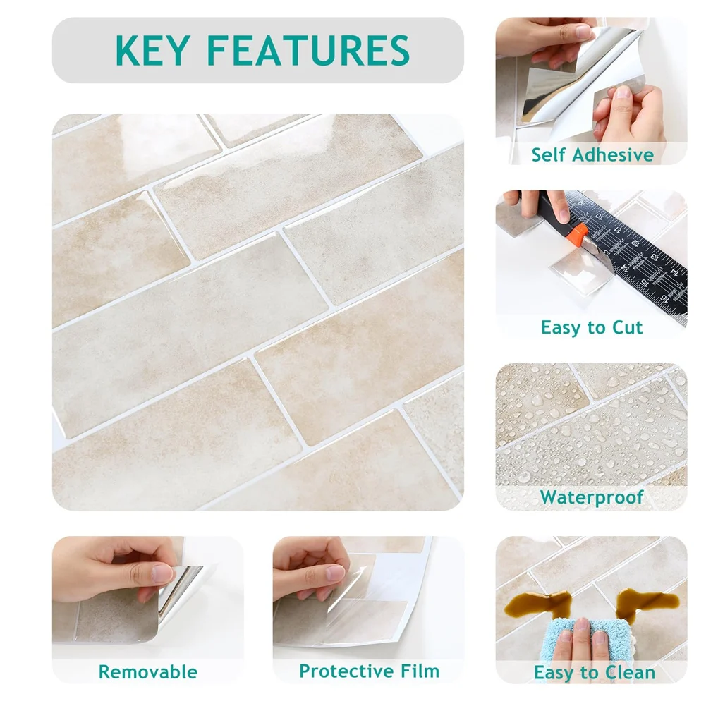 Abpp-decalques de parede de azulejo de metrô de pedra bege, 10 folhas, casca e colagem backsplash para reforma de cozinha