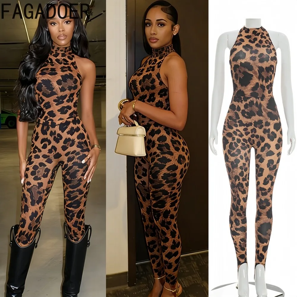 

FAGADOER Sexy Leopard Print Patchwork two piece outfits woman Halter Sleeveless Backless Crop Top and Pants Female Streetwear