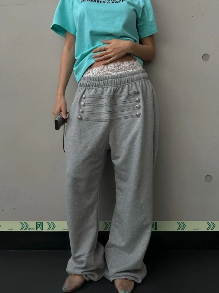 Women Elastic High Waist Sweat Joggers Heather Grey Double Side Metal Buttons Design Loose Fit Cuffed Ankle Casual Lounge Trouse