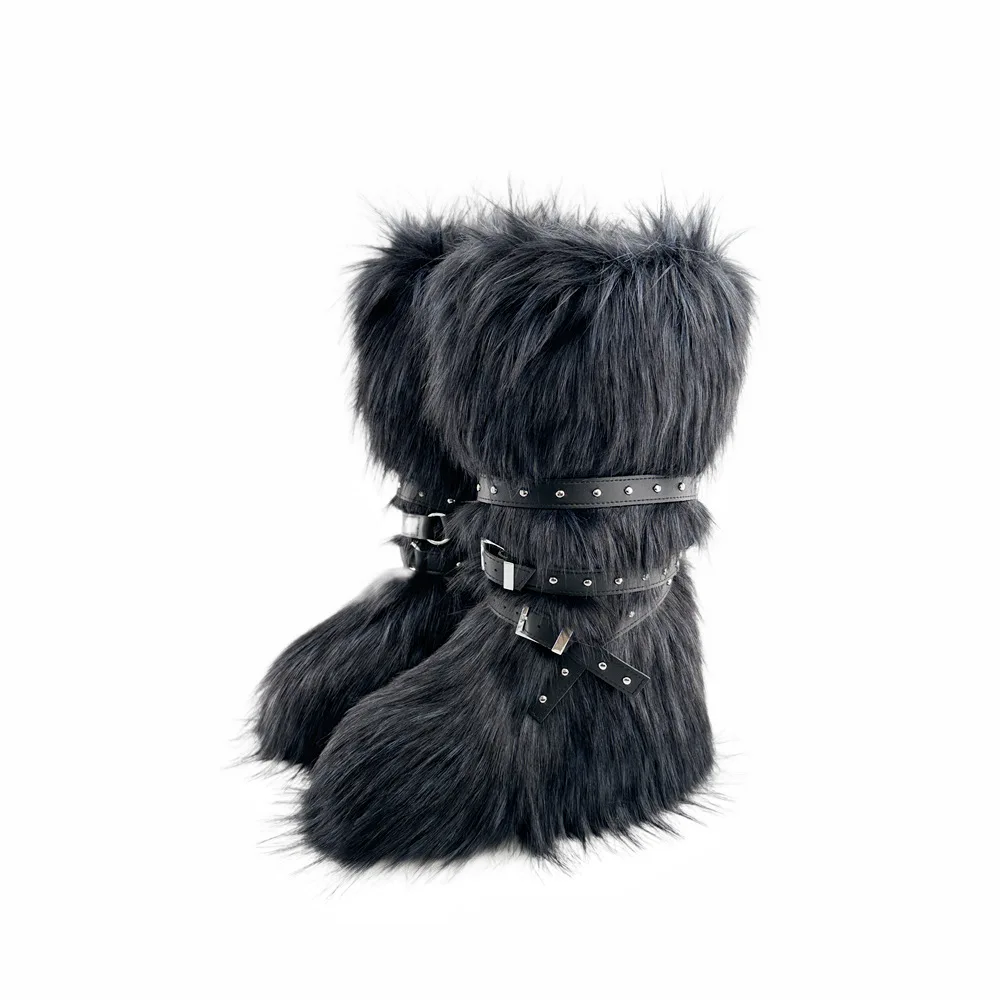 Women 5CM High Sole New Designer Winter Thigh High Fluffy Boots Ladies Faux Raccoon Fur Long Warm Shoes