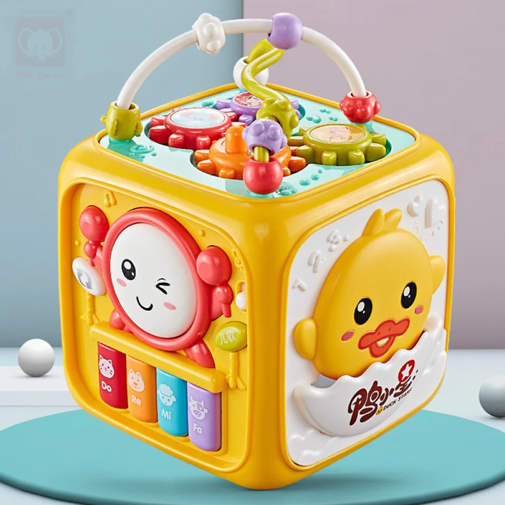 Tambour à main à six côtés avec motif d'animaux mignons, tambour de battement, jouets musicaux hexaèdre pour enfants, cadeaux pour bébé