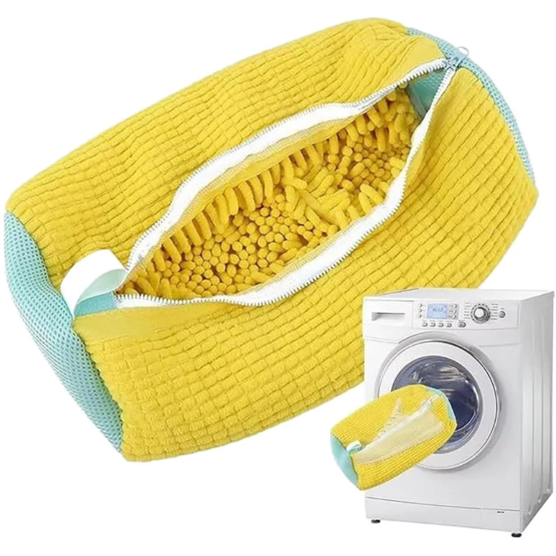 Fluffy Fiber Shoe Washing Bag 360° Surround Cleaning Reusable Durable Machine-Washable Laundry Bag with Zipper Closure (1pc)
