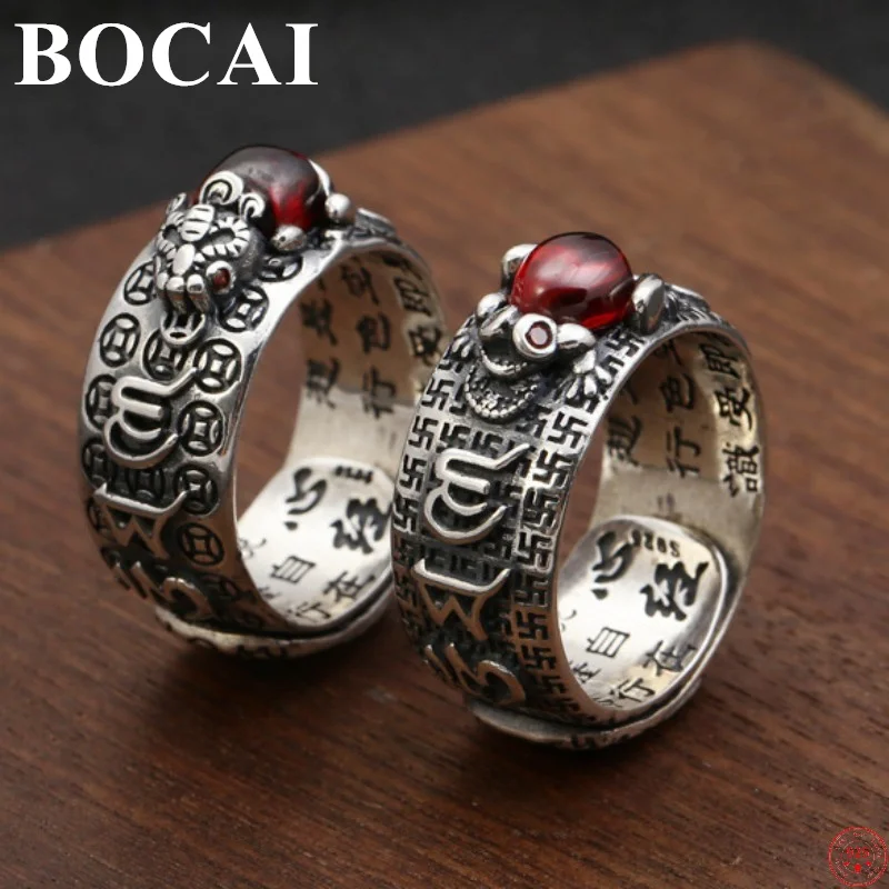 BOCAI S925 Sterling Silver Rings Fashion Heart Mantra Six Syllable Mantra  PiXiu Toad Argentum Jewelry for Men and Women