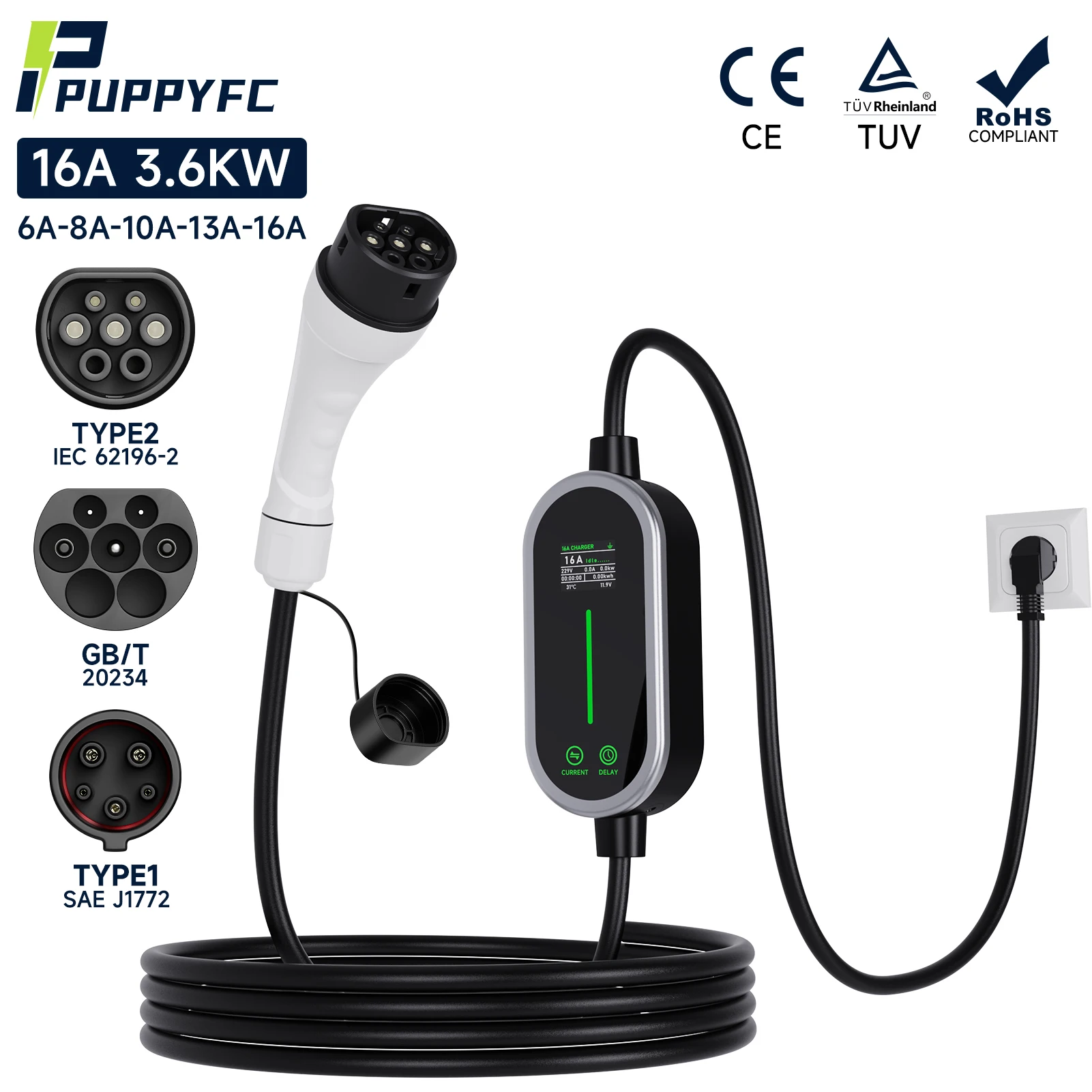 

Puppyfc 3.5KW Portable EV Charger Type1 Home Travel Type2/GBT Plug Car Charging Station 3.5m Cable Overheat Protection