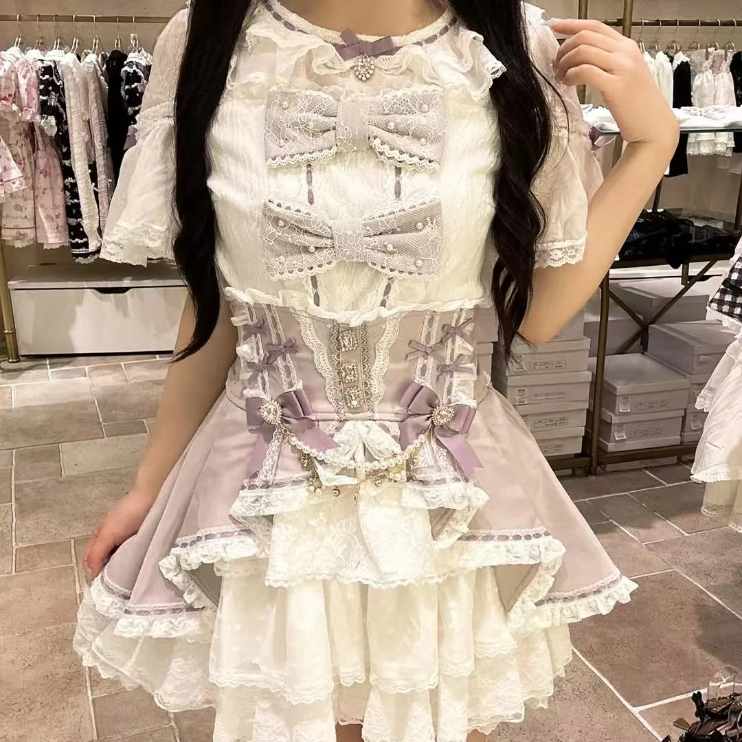 2025 New Japanese Style Liz Shirt and Skirt Mine Mass-Produced Sweet Big Bow Puff Sleeve Lolita Shirt Woman's High Waist Skirt