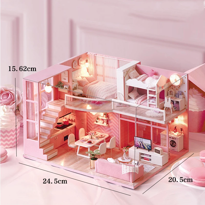 Wooden Miniature Doll House DIY Duplex Apartment Production 3D Puzzle Assembly Building Wooden Toys Decoration With LED Lights