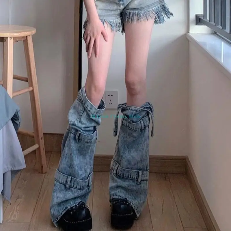 

K1ME Women Subcultures Asymmetrical Washed Denims Leg Covers Harajuku Bandages Tie Punk Jeans Flared Long Socks Leg Warmers