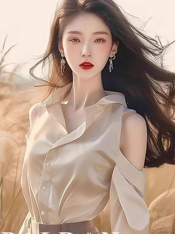 

Fashionable and High-end Retro Apricot Off-shoulder Shirt Light Luxury High-end and Elegant Feeling Chic and Beautiful