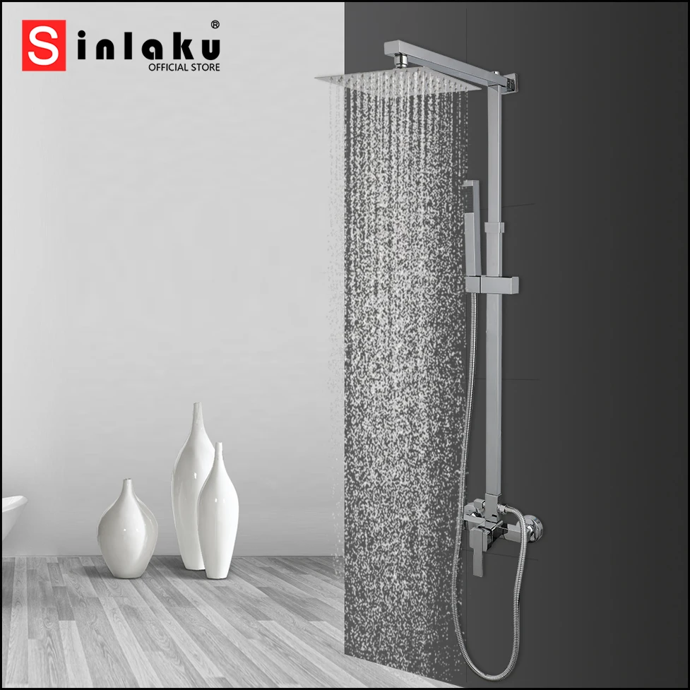 

SINLAKU Chrome Finished Bathroom Shower Set Wall Mounted Rainfall Square Head Single Handle Control Hot & Cold Water Mixer Taps