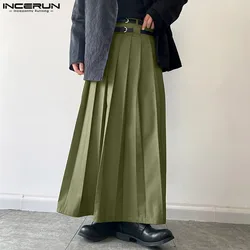 INCERUN Men Casual Skirts Solid Color Pleated Zipper Streetwear Loose Trousers 2023 Personality Leisure Fashion Men Skirts S-5XL