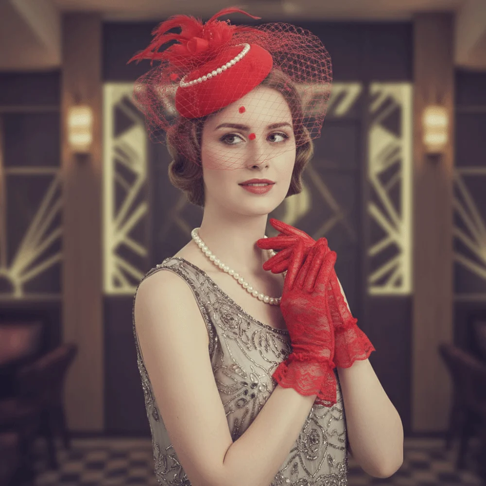 

Exquisite Mesh Feather Headband Elegant Pearl Vintage Fascinator Hat Hair Clip Top Hat Gloves Top Hat Necklace Set Wedding