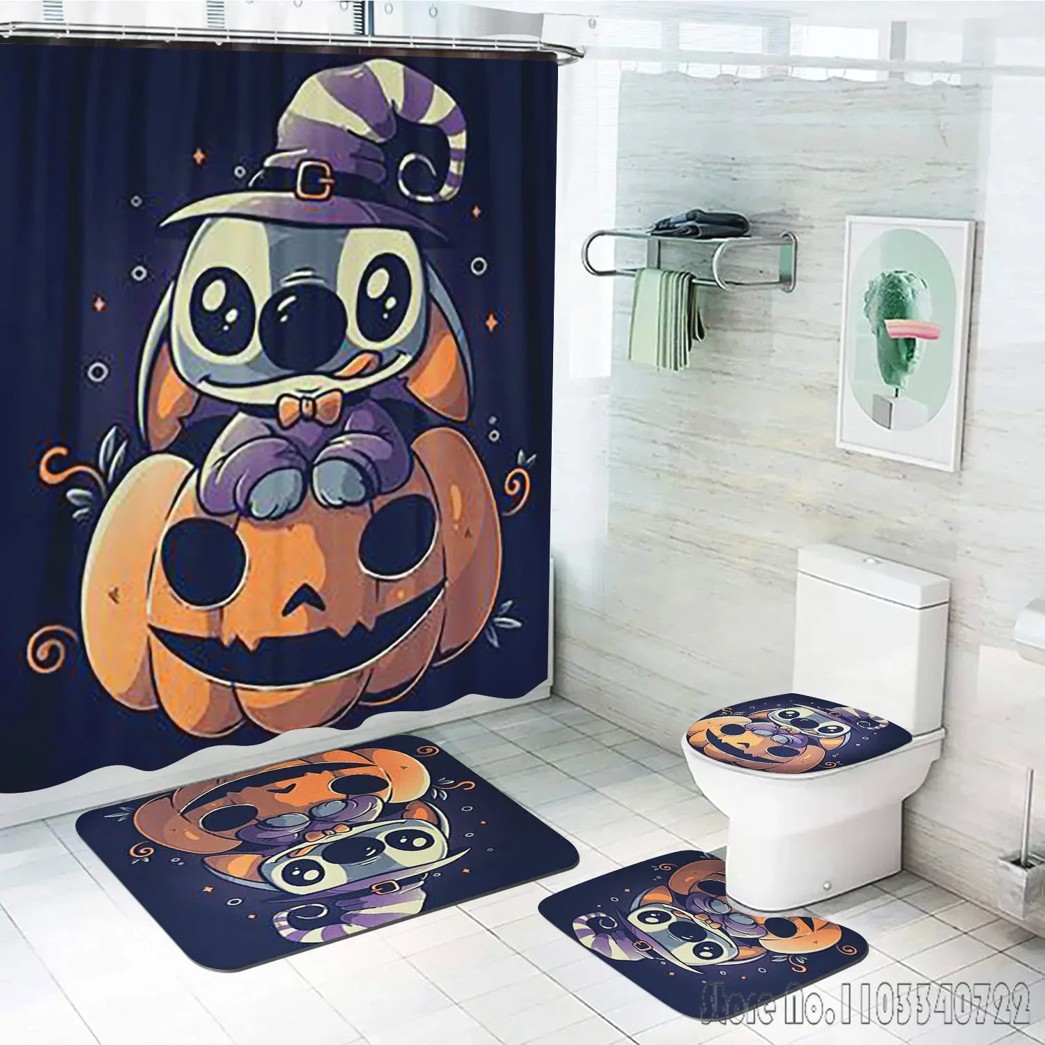 Stitch Angle  Bath Shower Curtain Set 4pcs with Hooks Waterproof Bathroom Toilet Mat Lid Decor