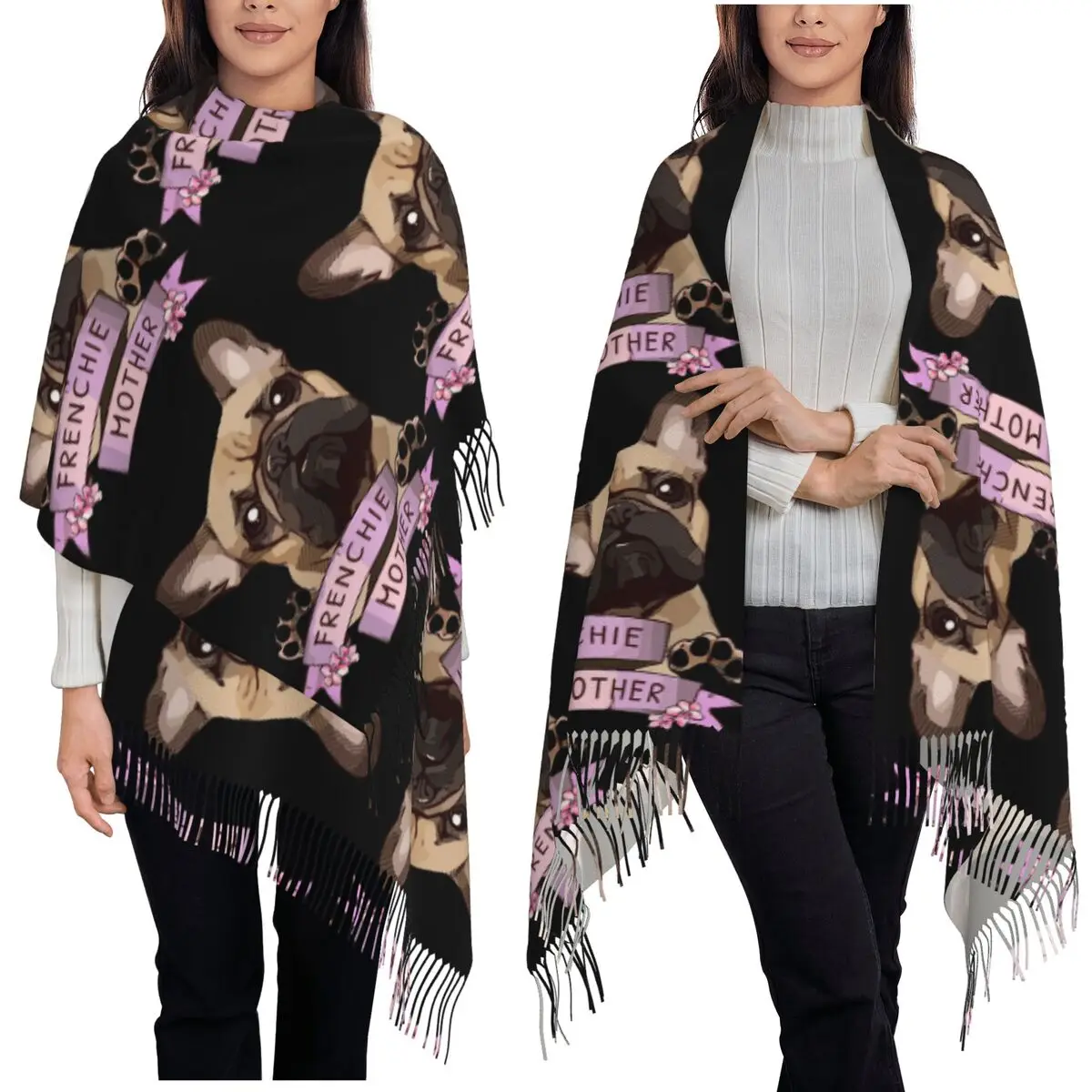 フレンチブルドッグ愛好家向け フレンチブルドッグママ スカーフ タッセル付きスカーフ レディース ソフトで暖かいショールとラップ ロング 秋 冬 ショール ラップ