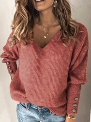 Women's V Neck Sweater Autumn Winter 2024 Plus Size Tops Retro Red Warm Knitted Pullovers Casual Long-sleeved Bottoming Shirt