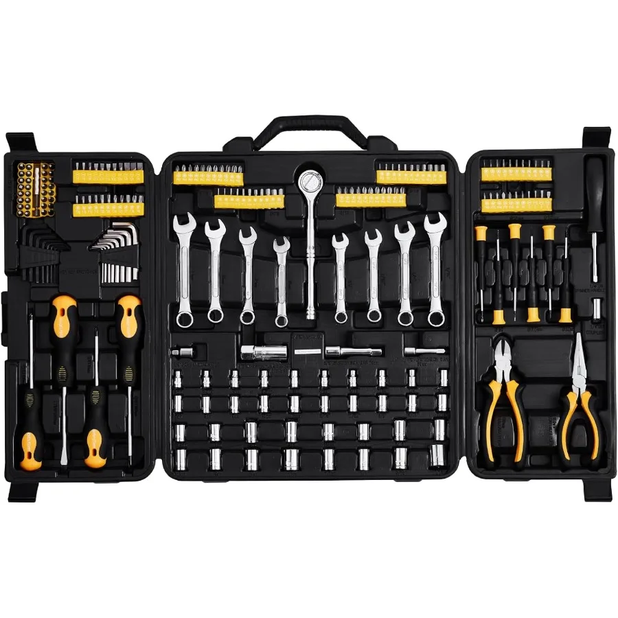 

Mechanics Tool Set 221Pieces - 1/4 and 3/8 Drive Sockets - SAE and Metric - Wrenches Ratchet Handle with Bits Accessories and P